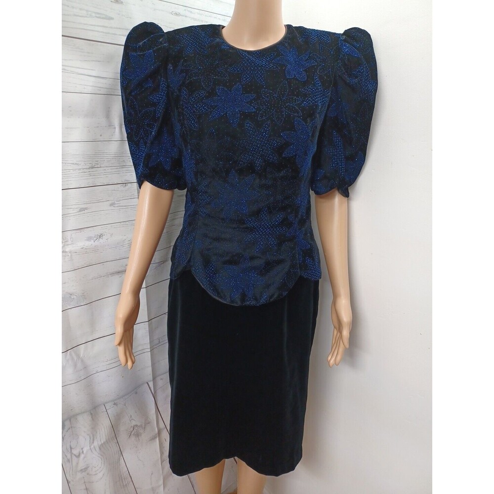 Vtg Scott McClintock Velvet Dress 10 Black Blue Glitter 90s Open Back Scalloped